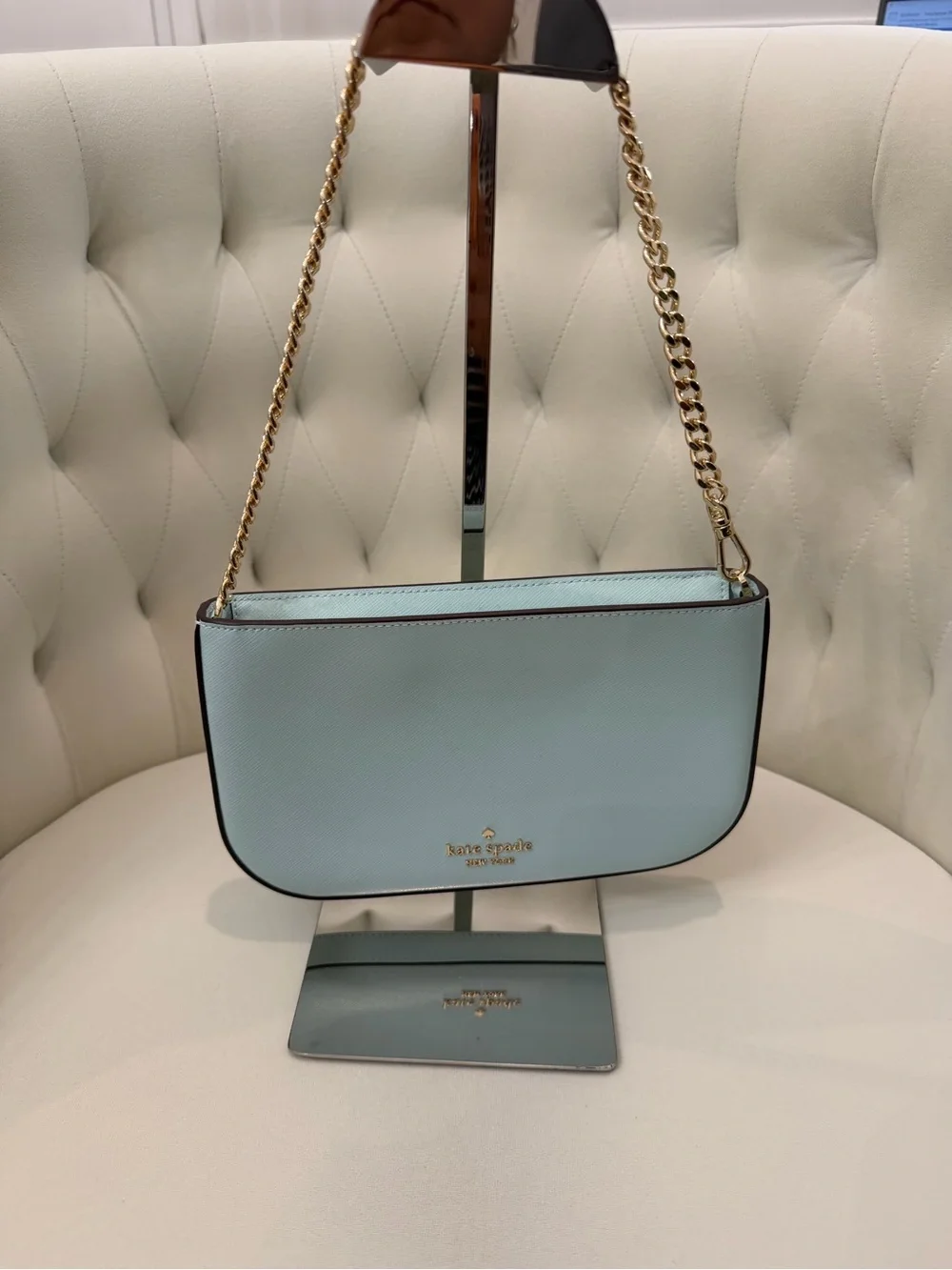 kate spade light blue leather shoulder bag with gold chain